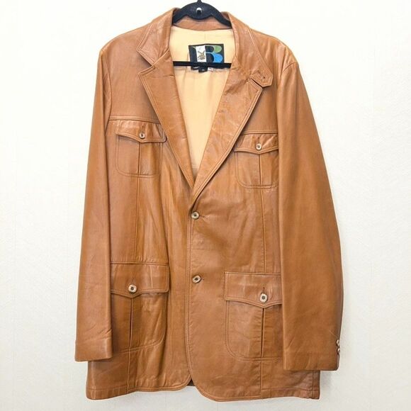 Vintage Breier of Amsterdam Camel Brown Leather Two Button Blazer Coat Mens XL - Picture 4 of 16